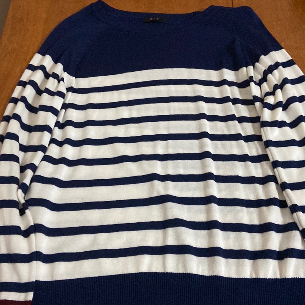 Blue and white stripes with burgundy sleeves